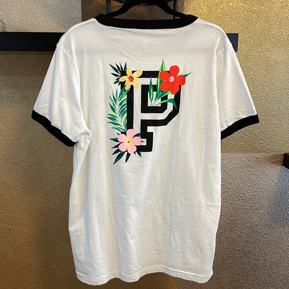 VICTORIA’S SECRET PINK CAMPUS RINGER SHORT SLEEVE TROPICAL T-SHIRT - Picture 1 of 9